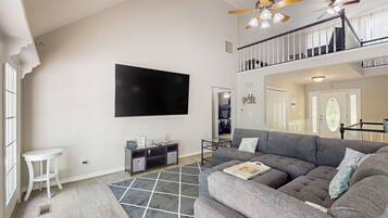 TV, fireplace, video games, DVD player