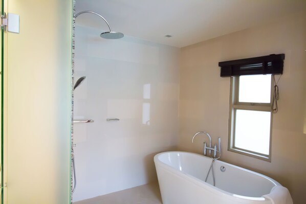 Une salle de bain moderne avec une baignoire sur pieds, une douche et une fenêtre laissant entrer la lumière naturelle.