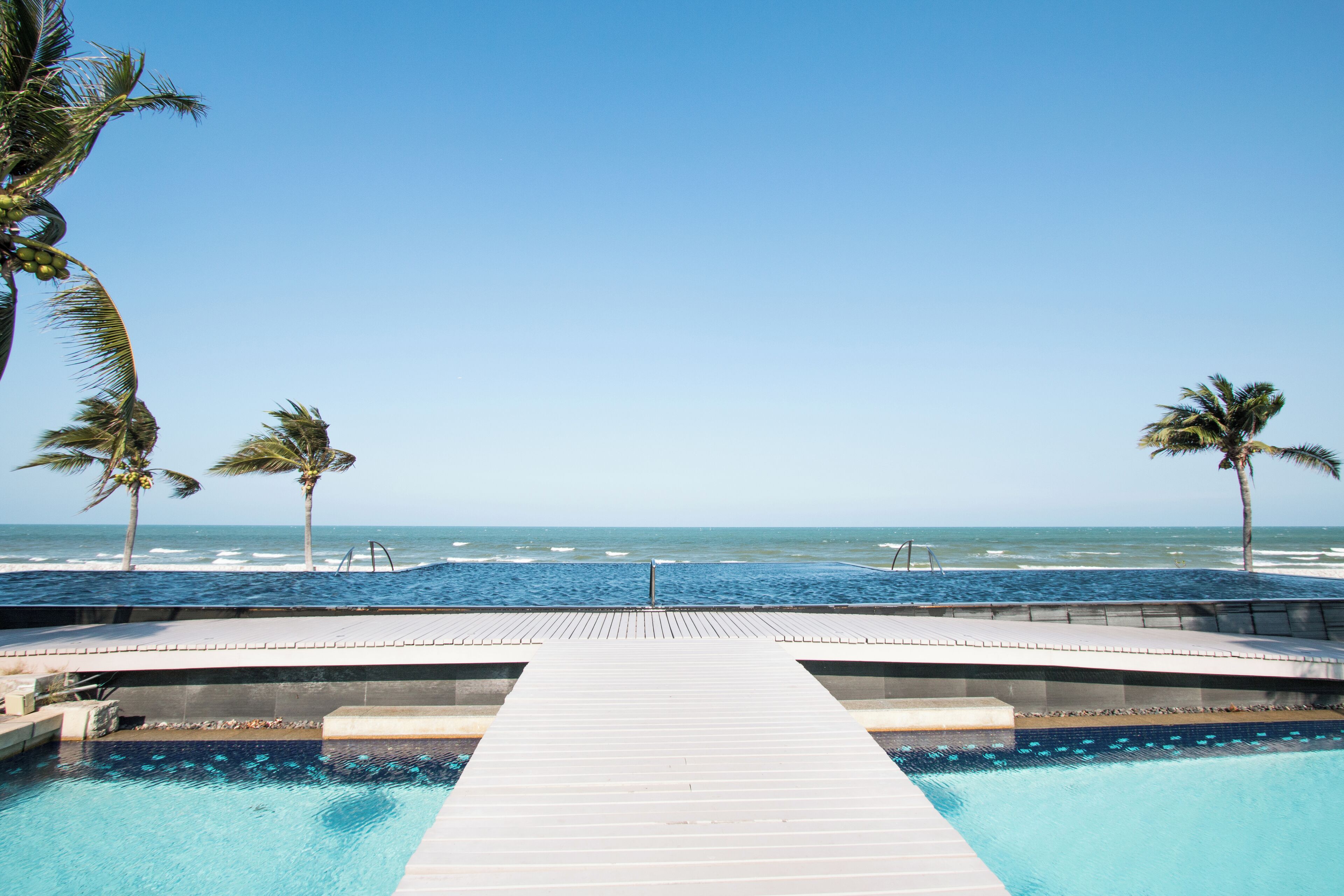 A pool with a wooden deck leading to the beach, palm trees, and the ocean.