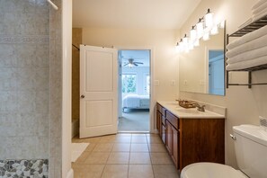 Shower, hair dryer, shampoo