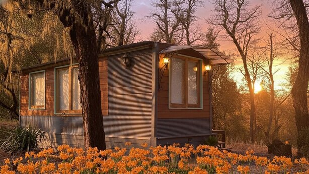 A small cabin with two windows, surrounded by a field of orange flowers, set in a wooded area.