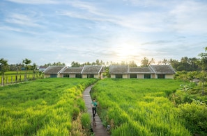 A pathway leading to a row of traditional-style buildings with a lush green field in the foreground. - Komsan Kampot Resort (Kampot)