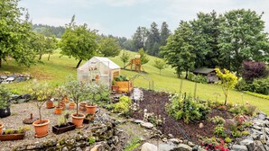 A garden with potted plants, a greenhouse, a wooden play structure, and a small house.