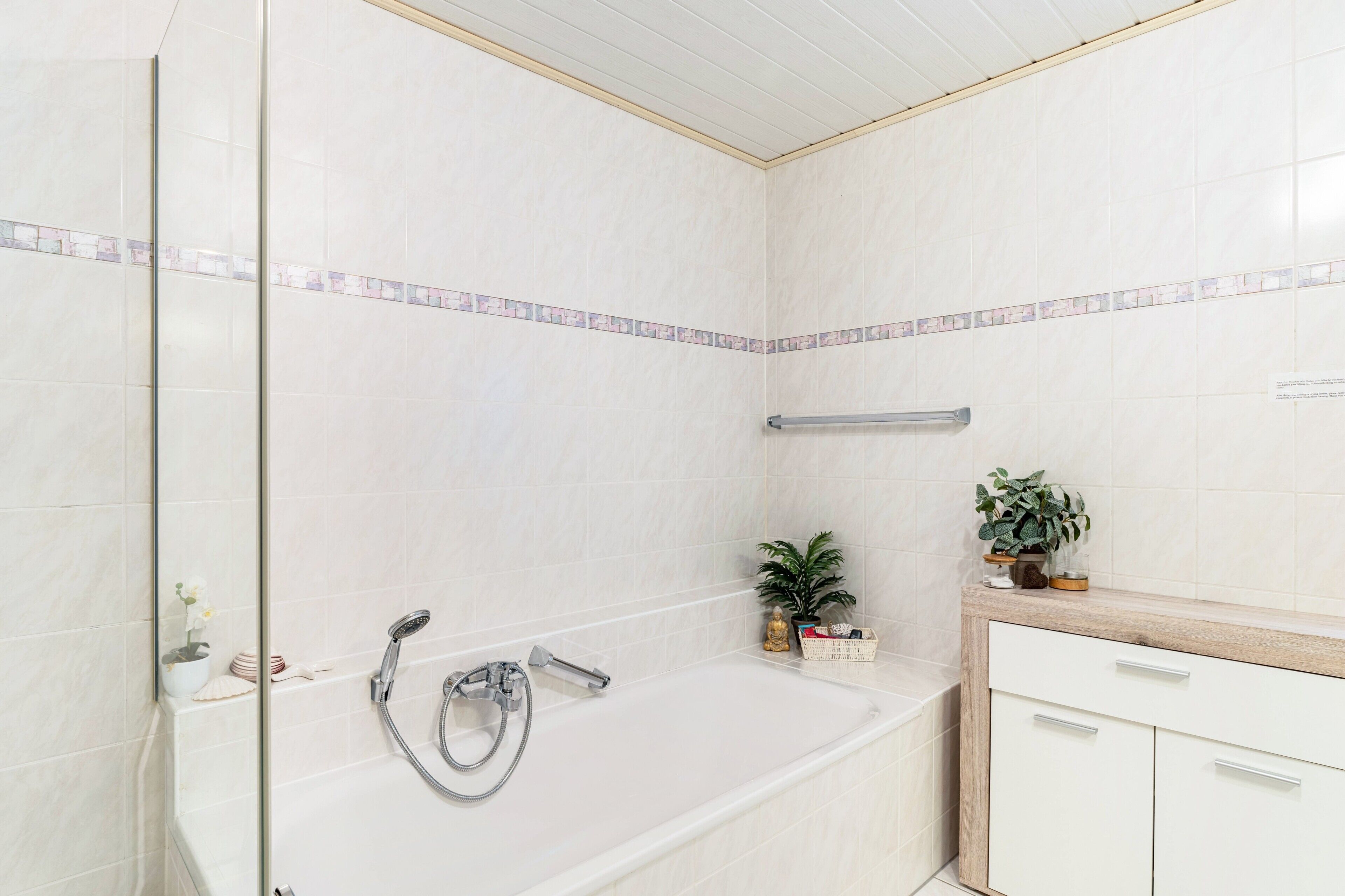 Een badkamer met een bad, een douche, een wastafel met spiegel en een kleine potplant.