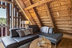 Une chambre moderne de style « loft », avec un plafond en bois, un canapé, une table basse et une vue sur l’extérieur.