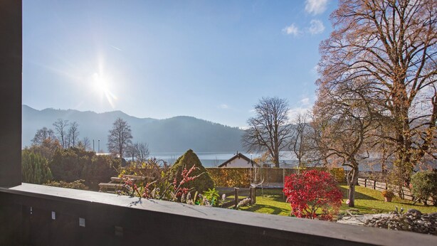A view from a window overlooking a garden with a lake and mountains in the distance.