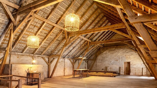 An attic room with exposed wooden beams, a sloped ceiling, and a rustic aesthetic. - Guesthouse 'Schlamau19 - Under the Walnut Tree'
Apartment with 2 Guest Rooms, Shared Kitchen and Garden (Wiesenburg/Mark)