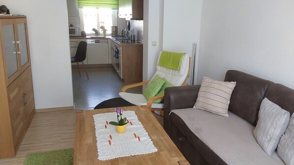 A living room with a sofa, a coffee table with a plant, a chair with a green towel, and a kitchen in the background.