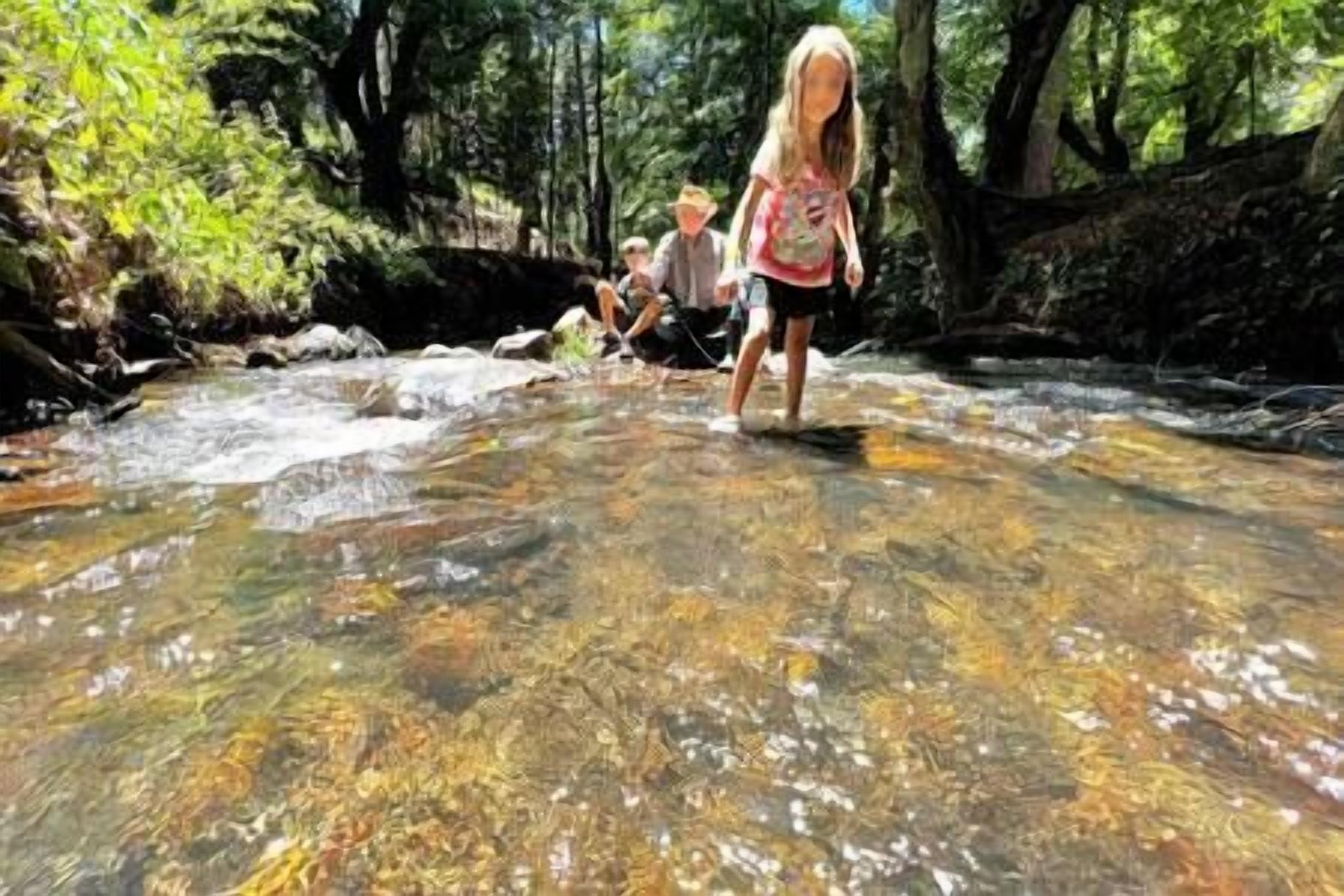 A clear stream with people standing in it.