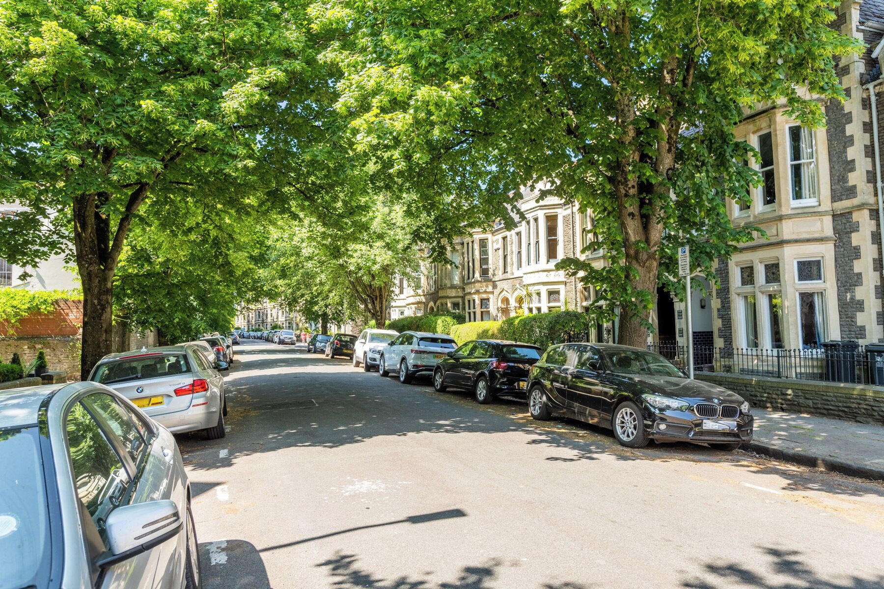 Una calle arbolada con coches estacionados y edificios históricos.