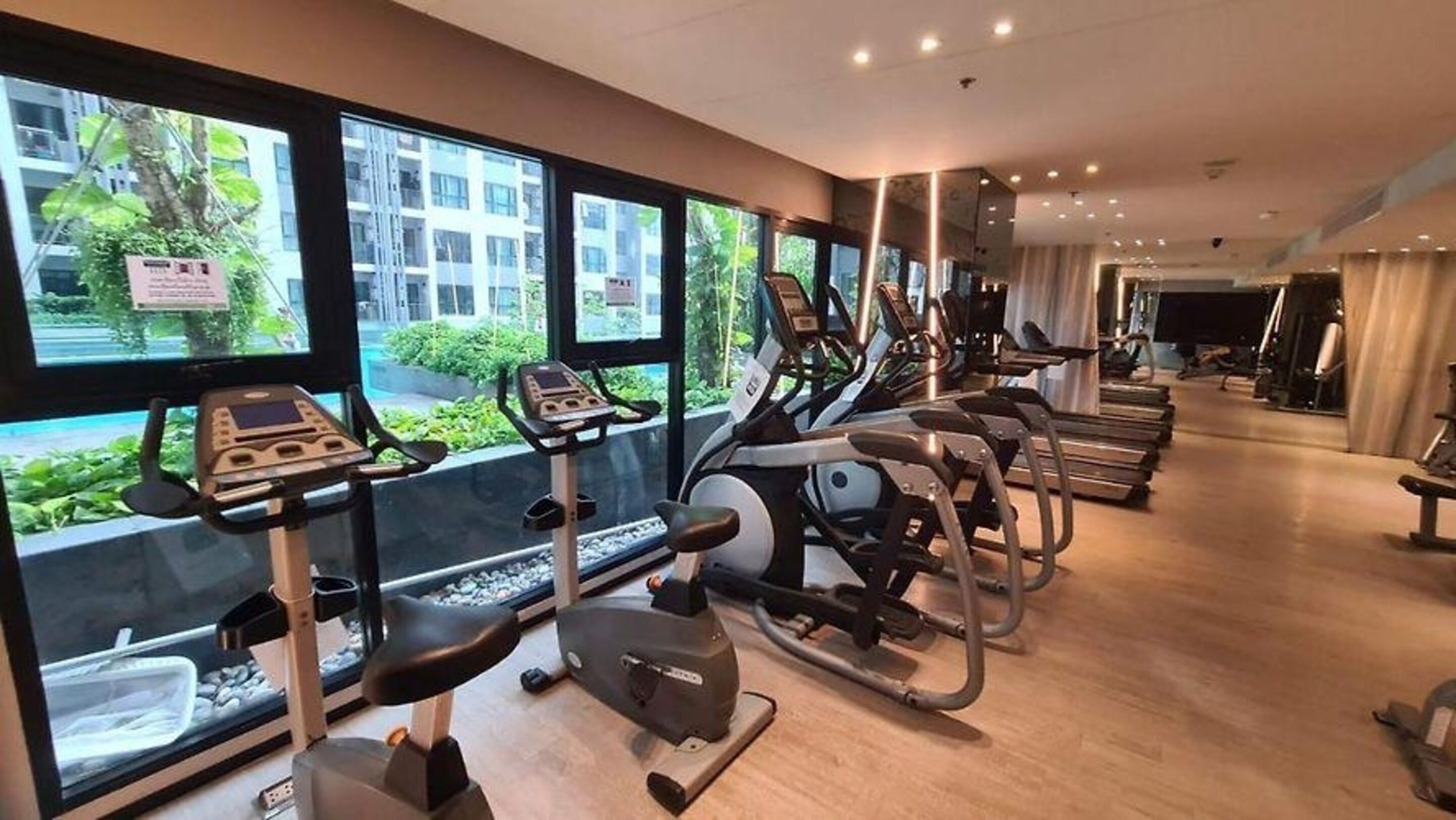 A gym with various cardio machines, large windows with a view of greenery and buildings, and a clean, modern interior.