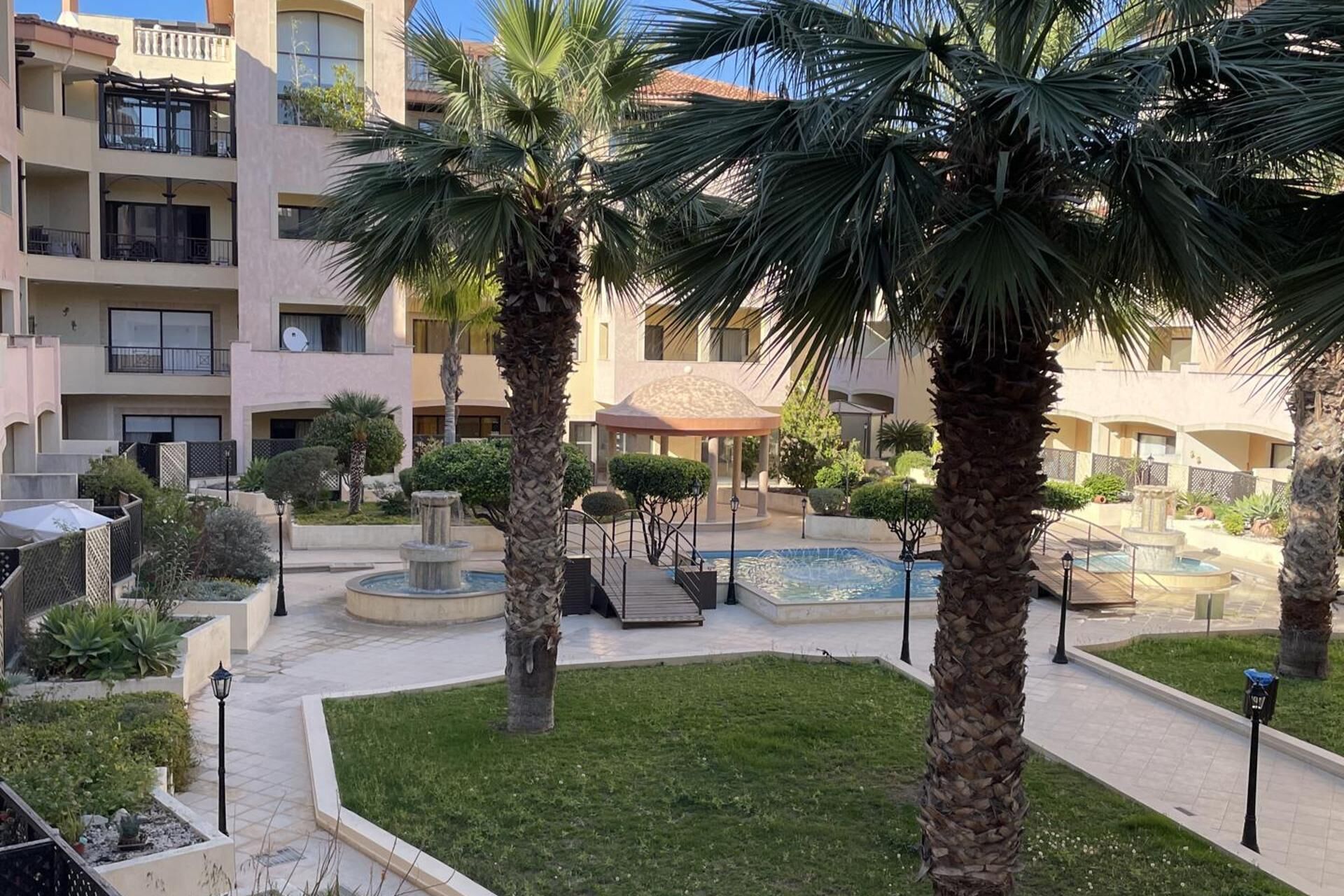 A courtyard with palm trees, a fountain, and a pool.