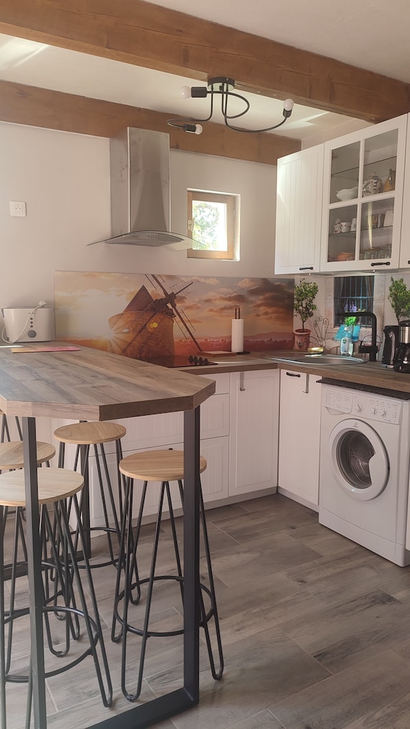 Fridge, microwave, stovetop, coffee/tea maker