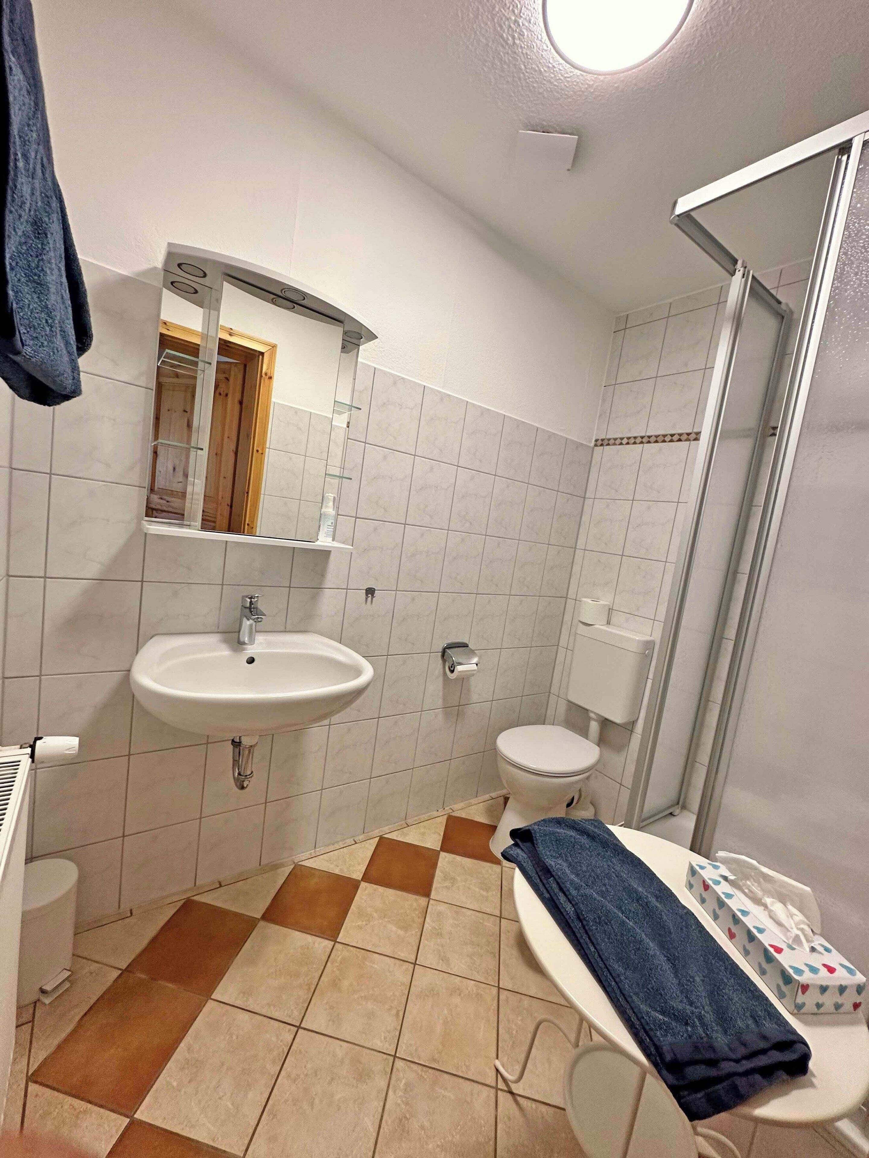 Une salle de bain équipée d’un lavabo, de toilettes et d’une douche. On y trouve également un porte-serviettes et un miroir.