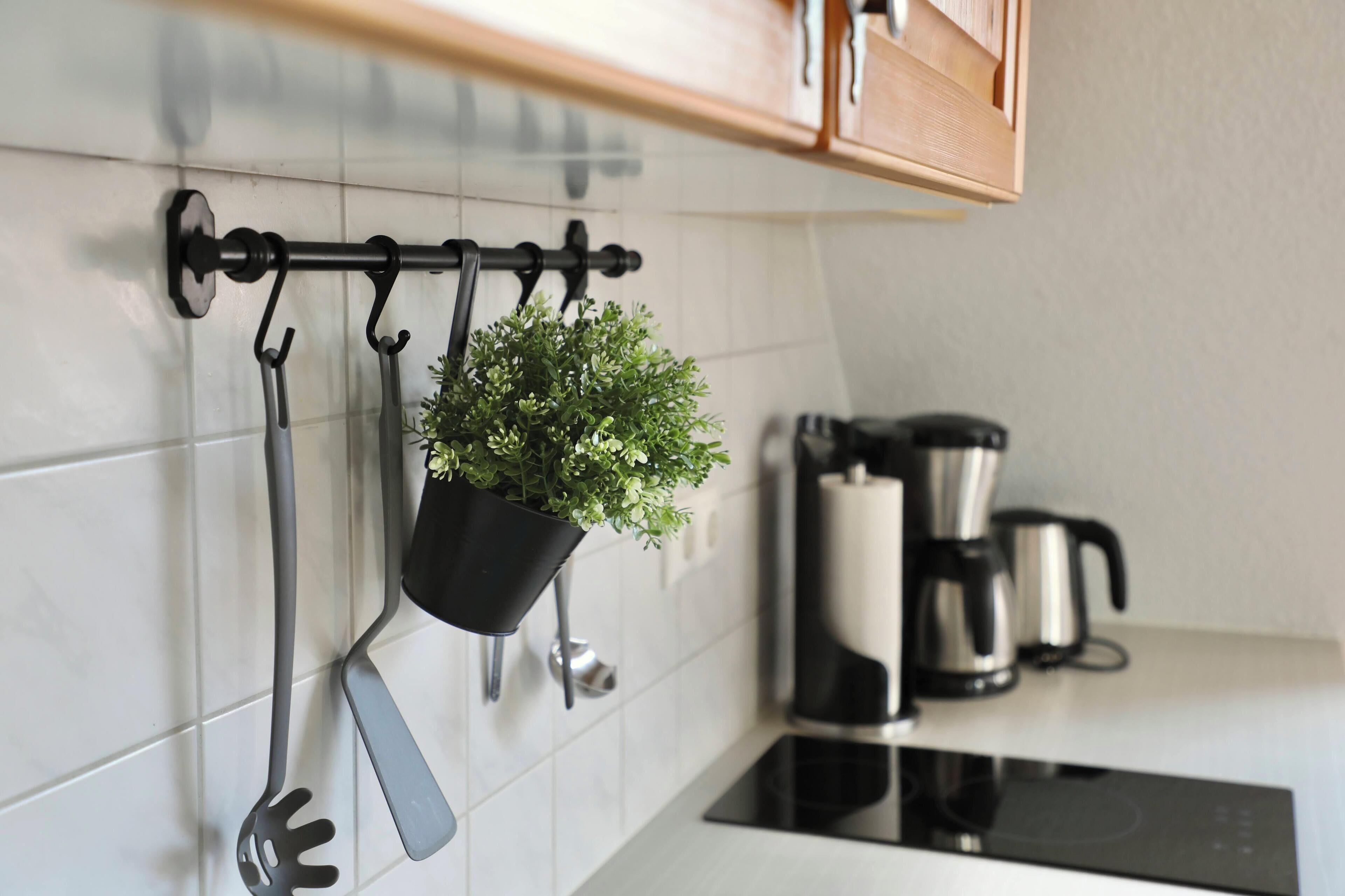 A kitchen with a black utensil rack holding a potted plant, a coffee maker, and a kettle.