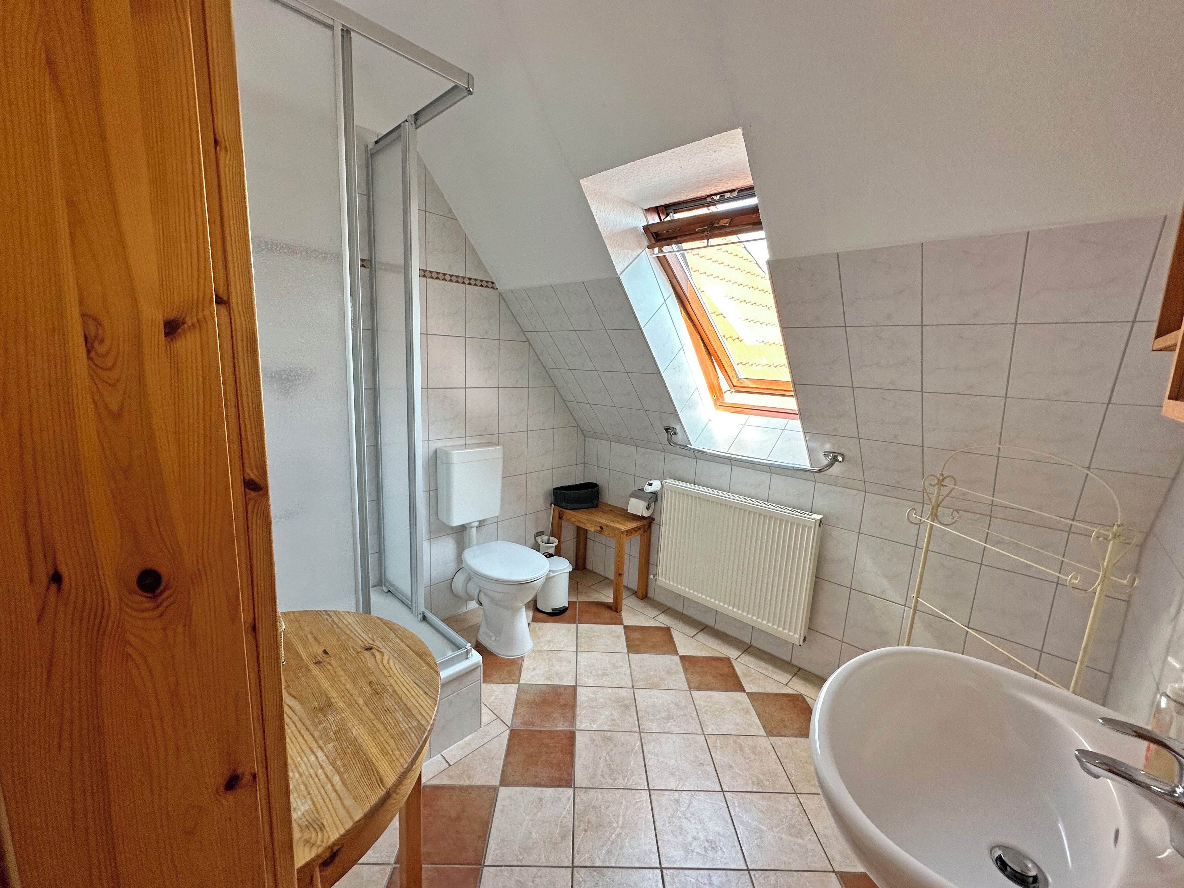 A bathroom with a skylight, a bathtub, a toilet, and a shower.