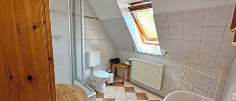 A bathroom with a skylight, a bathtub, a toilet, and a shower.