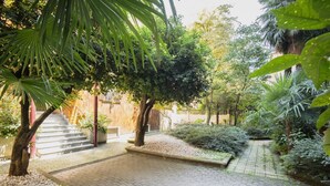 Un sendero pavimentado con guijarros blancos, rodeado de vegetación exuberante y árboles.