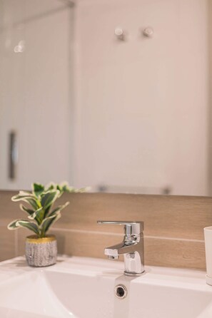 Shower, hair dryer, towels, shampoo