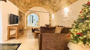 A cozy living room with a stone ceiling, a Christmas tree, and a fireplace. - 1800 Year Watermill 5-bed Farm House in Penaguila (Penaguila)