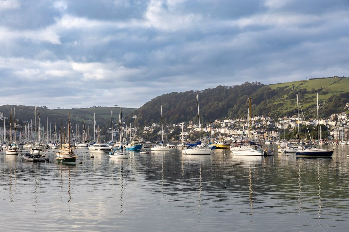 A harbor with multiple boats docked, a town in the background, and a hilly landscape.