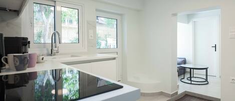 Fridge, oven, stovetop, electric kettle