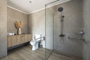 Shower, eco-friendly toiletries, hair dryer, towels