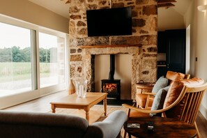 Een televisie en een open haard