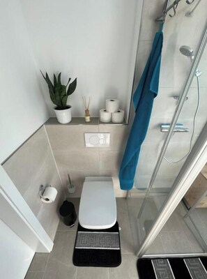 Dusche, Haartrockner, Handtücher, Seife