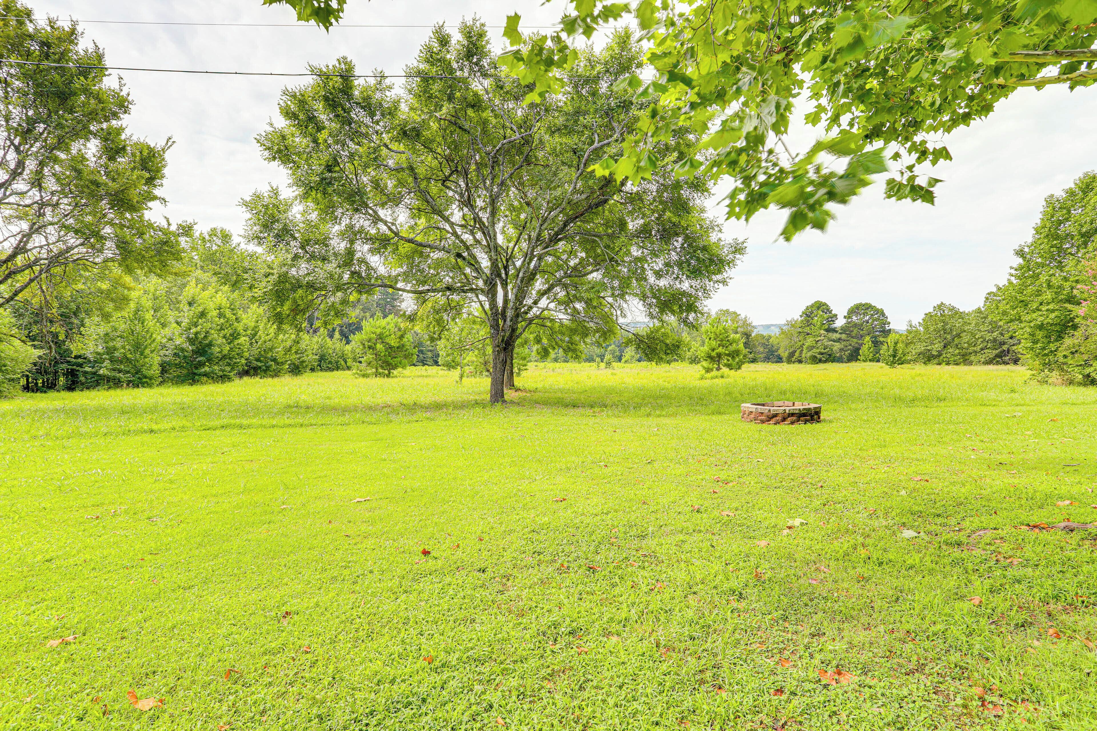 A grassy field with a large tree and a stone bench.