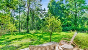 A wooden deck with wicker chairs overlooking a lush green forest. - NEW LISTING! Peaceful, Fairhope Cottage (Fairhope)