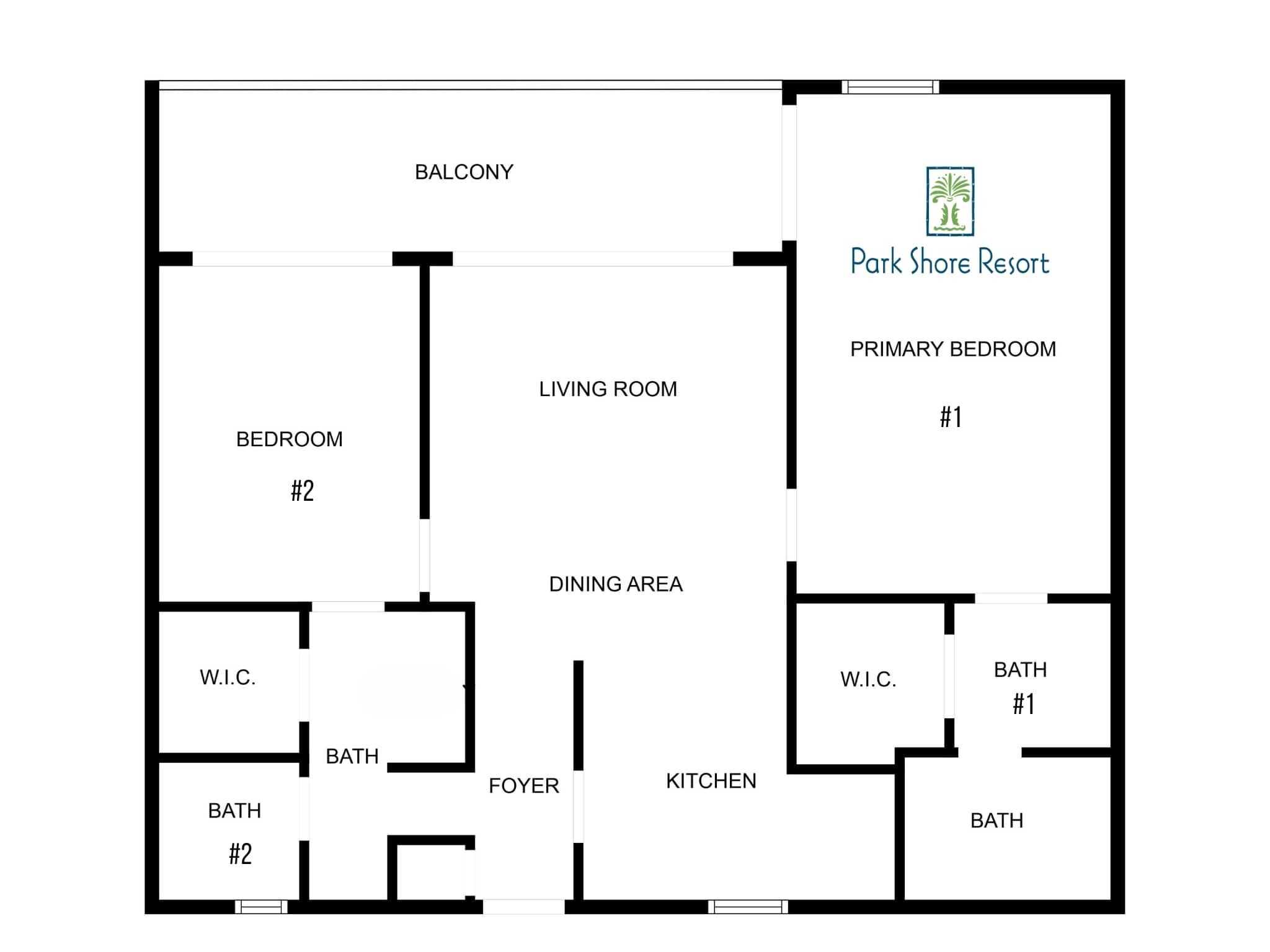 A hotel floor plan with a balcony, two bedrooms, a living room, dining area, kitchen, and two bathrooms.