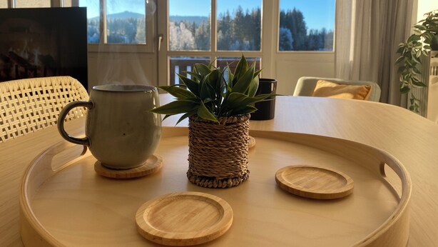 Een houten tafel met een dienblad, een mok en een potplant.