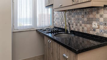 Family Apartment, 1 Bedroom, Sea View | Private kitchen | Fridge, stovetop, cookware/dishes/utensils
