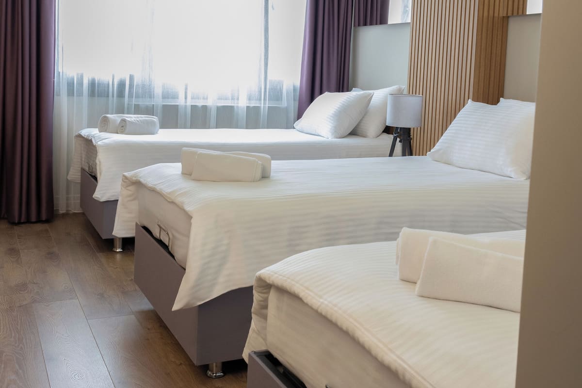 Desk, laptop workspace, free WiFi, bed sheets
