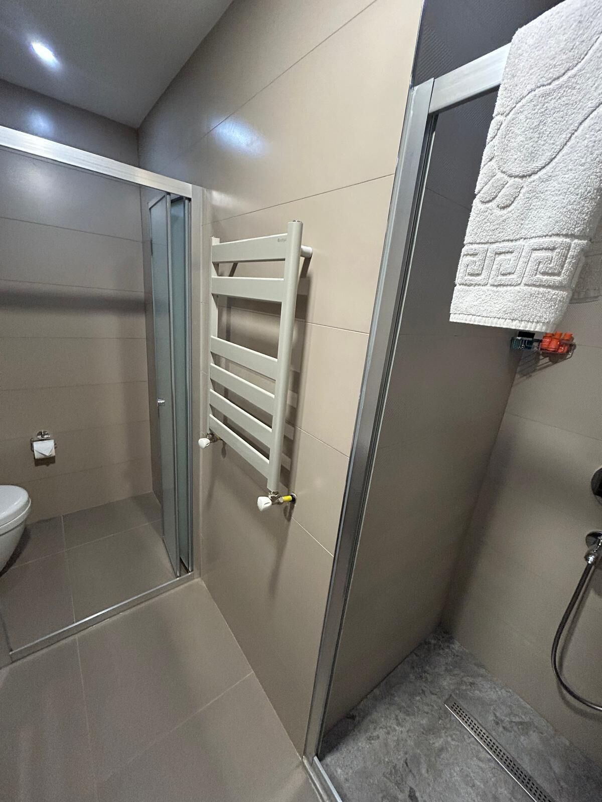 Une salle de bain moderne avec une douche à parois de verre, une serviette blanche accrochée au mur et des toilettes.