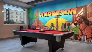 A pool table in a room with a mural of a horse and the word "ANDERSON" on the wall.