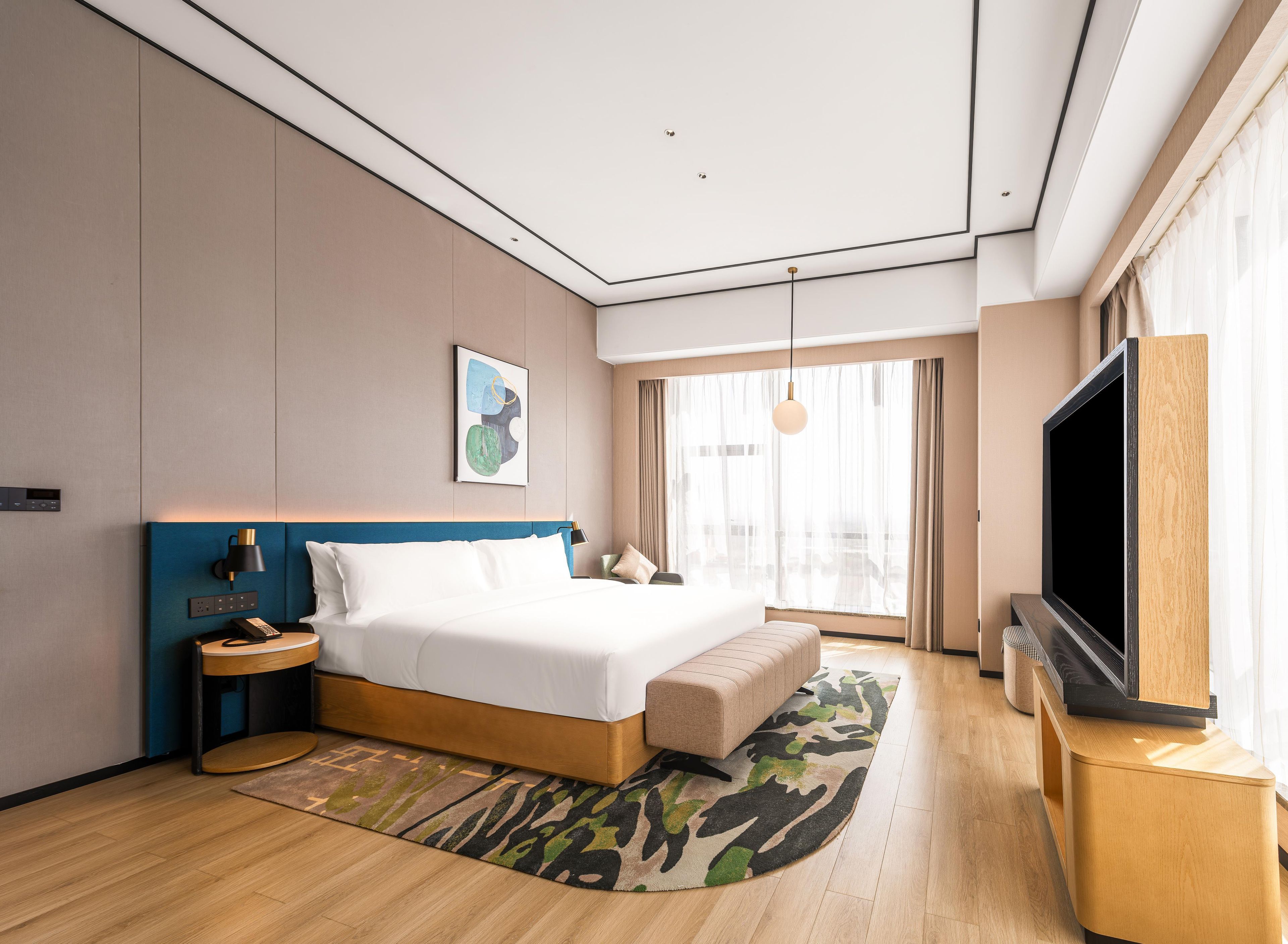 A modern hotel room with a large bed, a flat-screen TV, a bedside table, and a window with curtains.