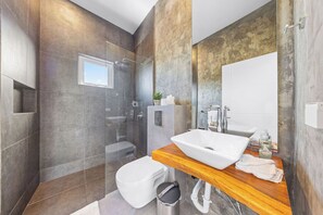 Hair dryer, towels, toilet paper