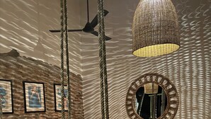 Un intérieur rustique agrémenté d’un fauteuil suspendu, d’un miroir rond et d’un luminaire suspendu.