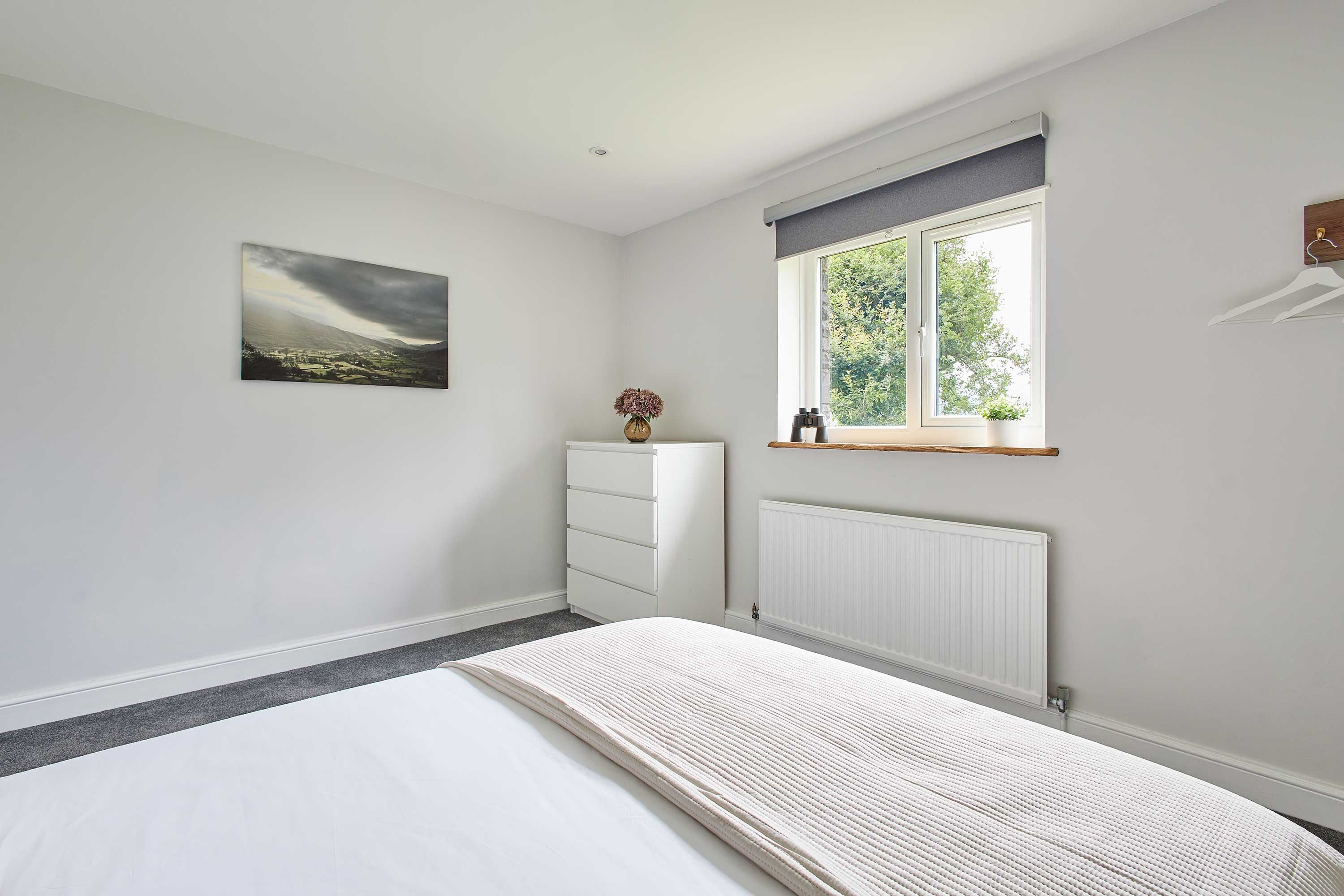 A bedroom with a bed, a dresser, a radiator, a window with a view of greenery, and a painting on the wall.