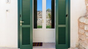 Eine doppelte Tür mit grünen Fensterläden, eine Fußmatte und eine Steinmauer.