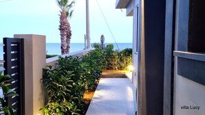 Un sendero estrecho que lleva a un balcón con vistas al mar, rodeado de vegetación y una palmera.