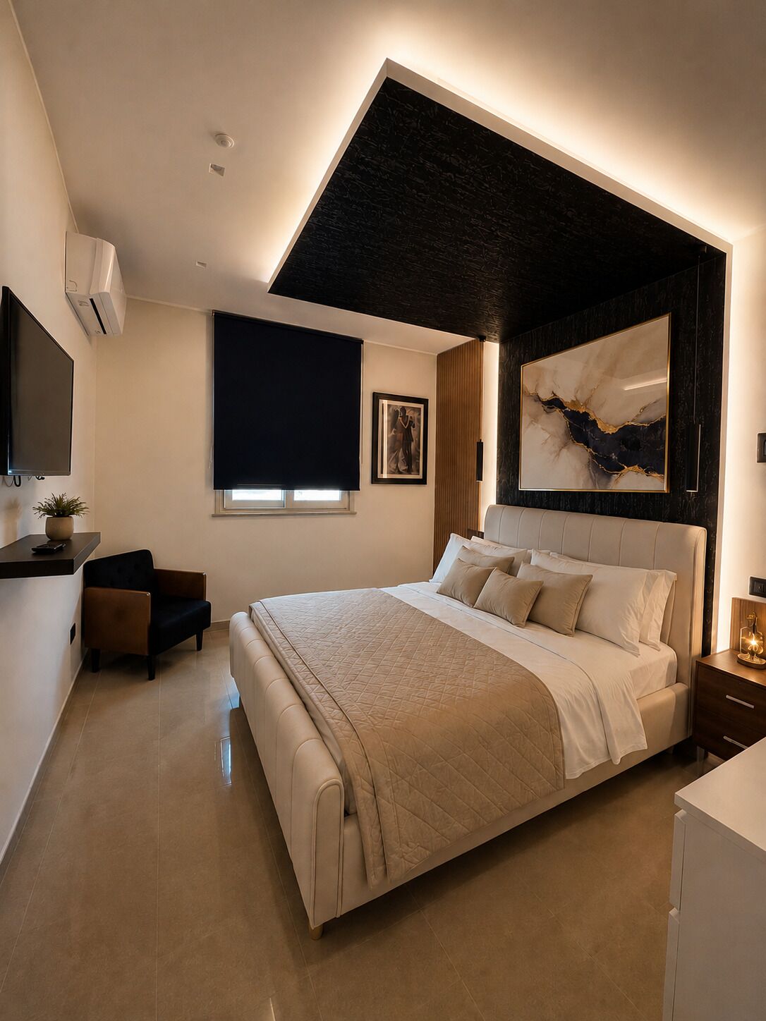 Une chambre moderne avec un grand lit, un téléviseur à écran plat, un bureau et une fenêtre.