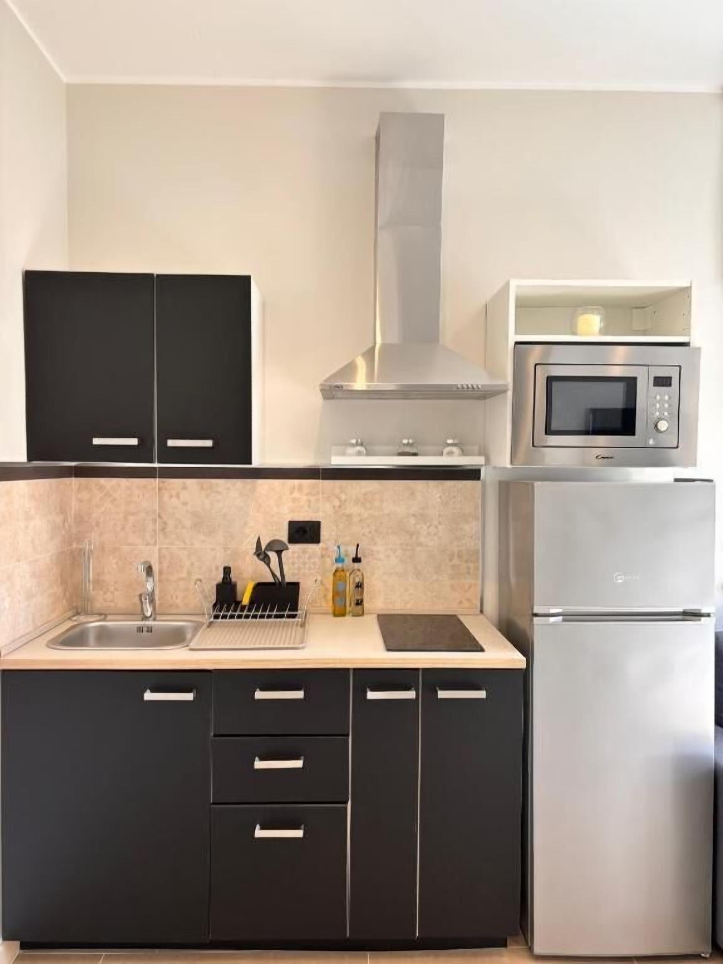 Apartamento clásico, balcón, vistas al mar | Cocina privada | Frigorífico, microondas, placa de cocina y utensilios de cocina