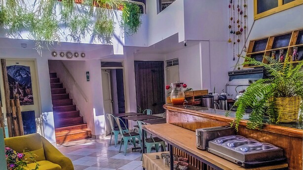 A spacious indoor area with a staircase, seating, and potted plants. - Central Market Hotel San Pedro (Cusco)