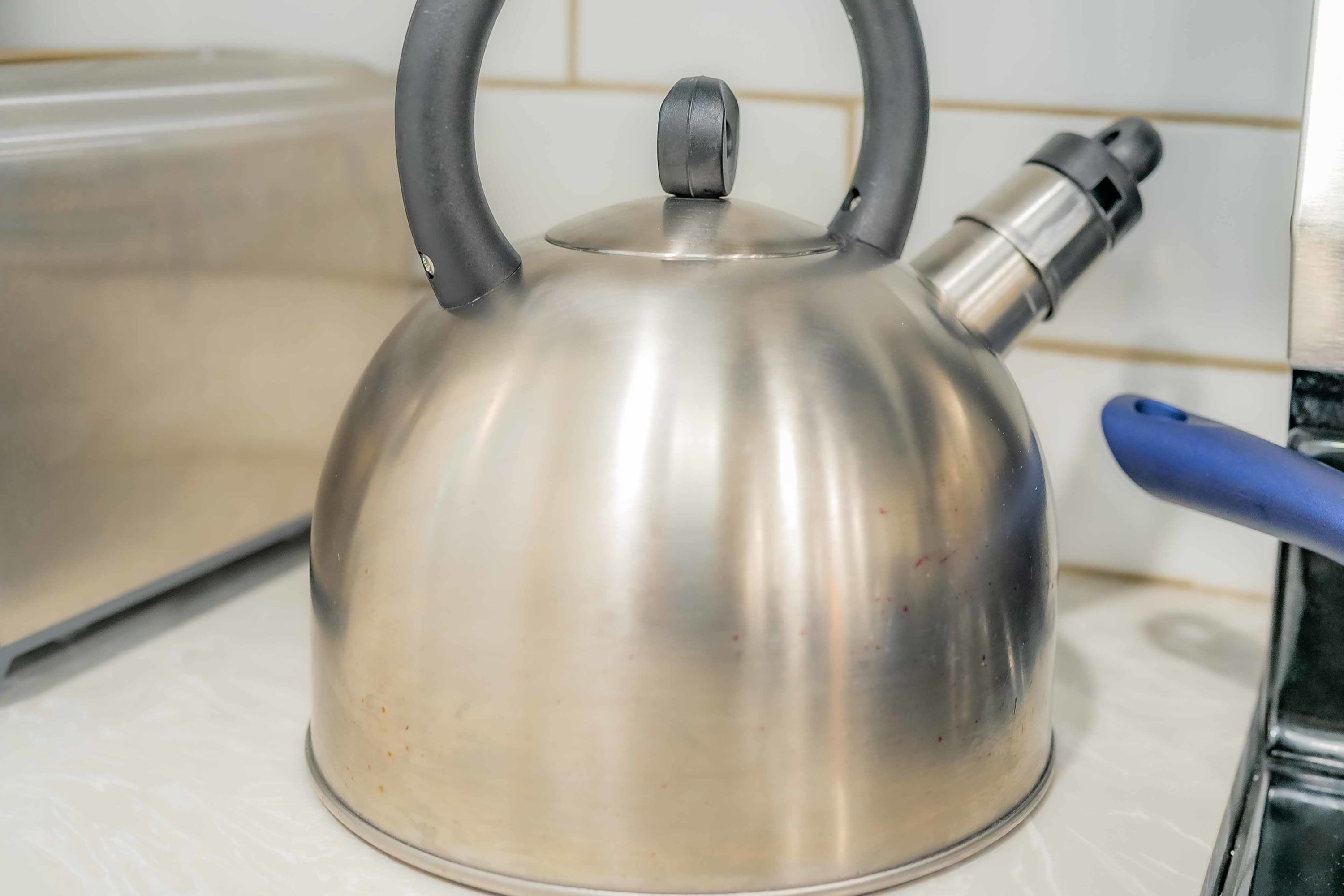 A stainless steel kettle with a blue handle on a kitchen counter.