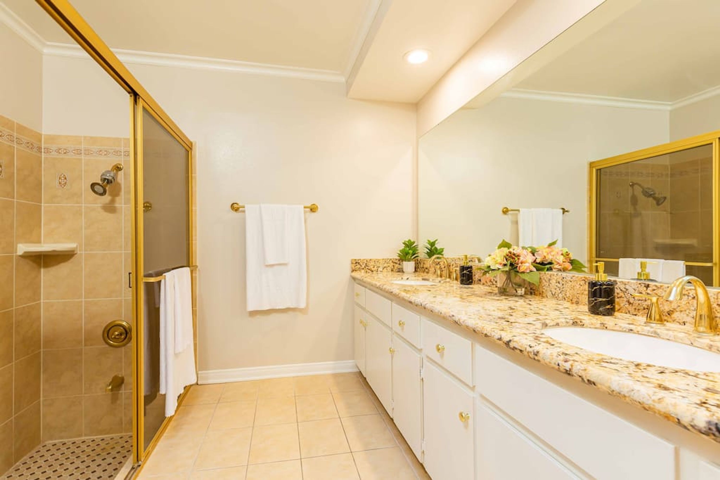Une salle de bain avec une douche, un lavabo et un miroir.