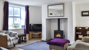 A living room with a TV, a fireplace, a sofa, a rug, and a window with curtains.