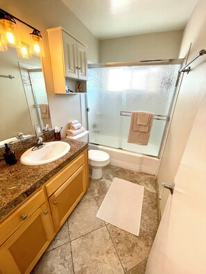 Hair dryer, towels, soap, shampoo